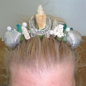 Mermaid Crown Green/White Crystal Quarts, Pearls, Shell, & Silver Moon!
